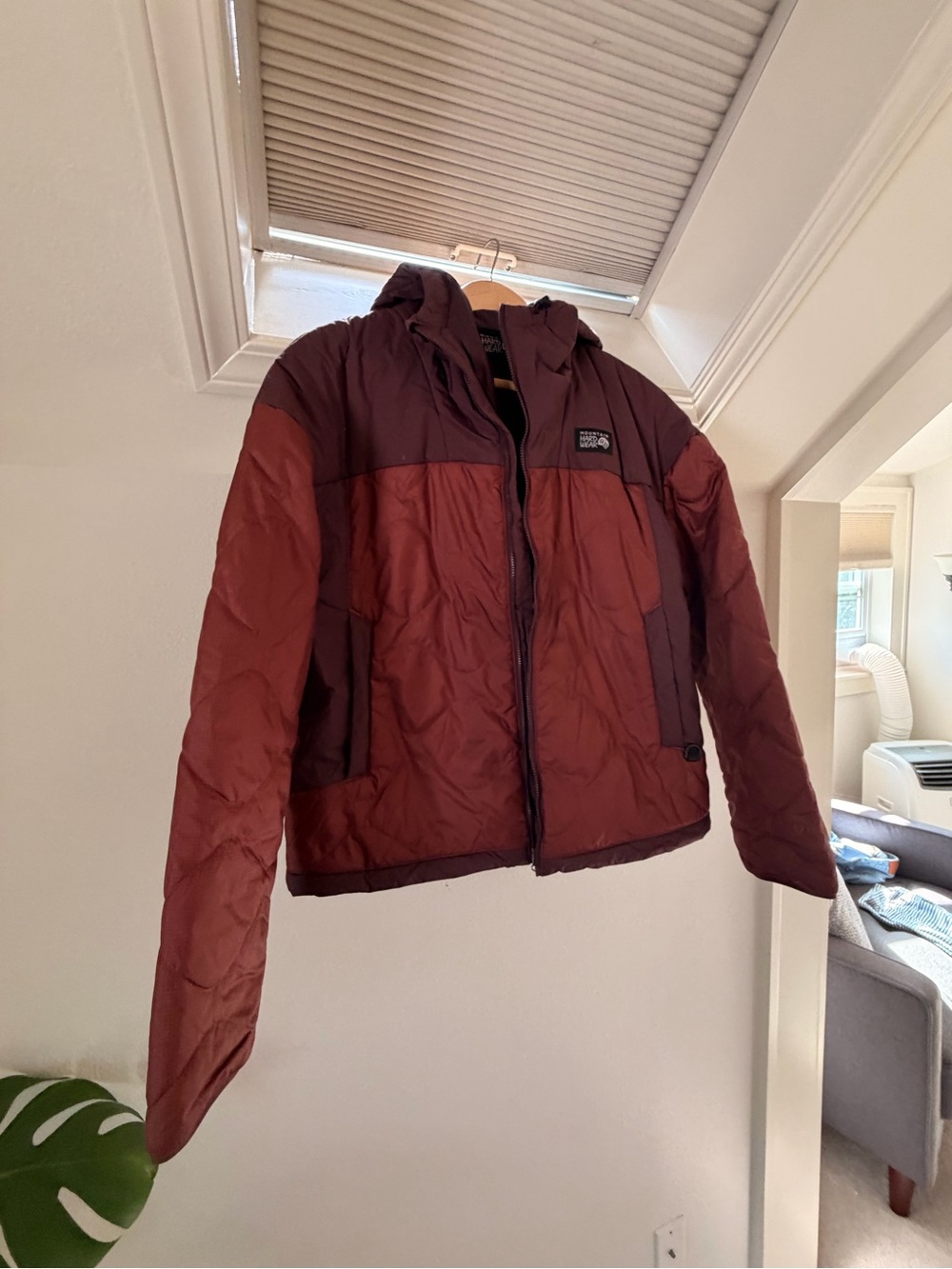 Mountain Hardware Two-Tone Burgundy Hooded Puffer Jacket